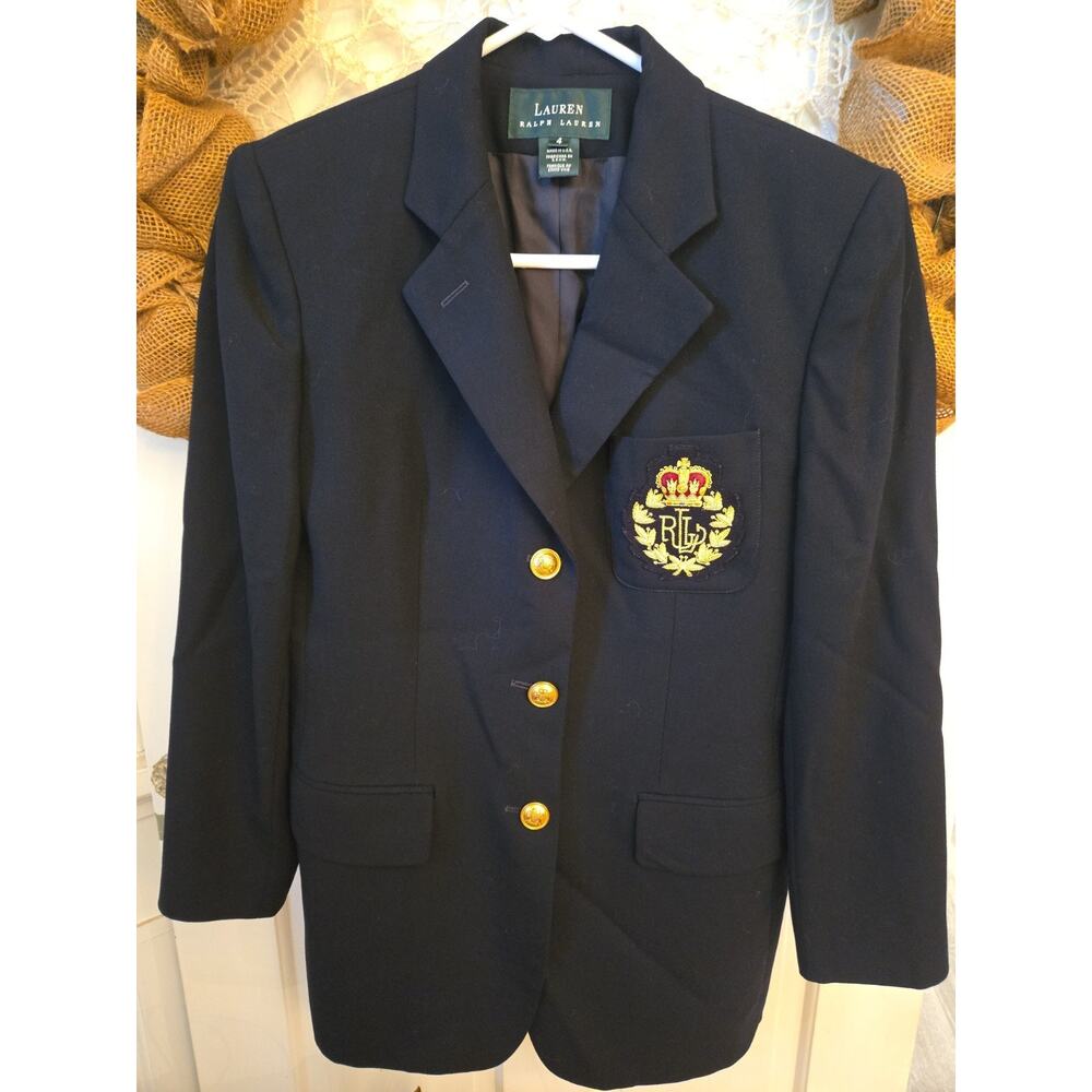 Vintage Lauren Ralph Lauren Crest Blazer Womens 4 Navy Wool Gold Buttons Preppy - Picture 7 of 15